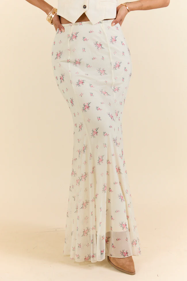 Floral Echo Ivory and Pink Knit Maxi Skirt - Aiturbor