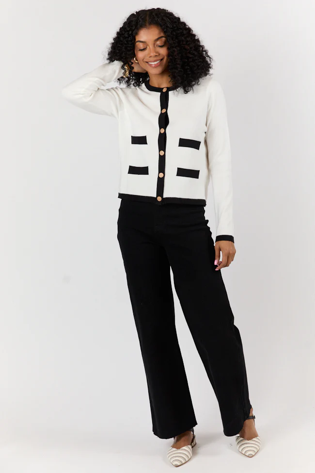 Forever Changing Ivory and Black Contrast Trim Cardigan FINAL SALE - Aiturbor