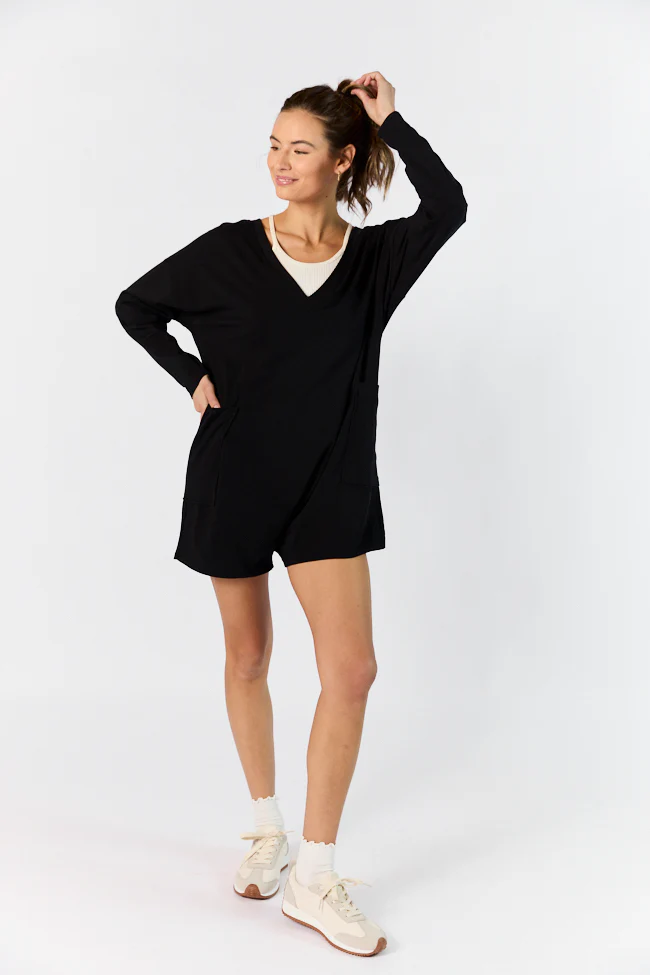 On A Daily Basis Black Deep V-Neck Pocketed Long Sleeve Romper FINAL SALE - Aiturbor