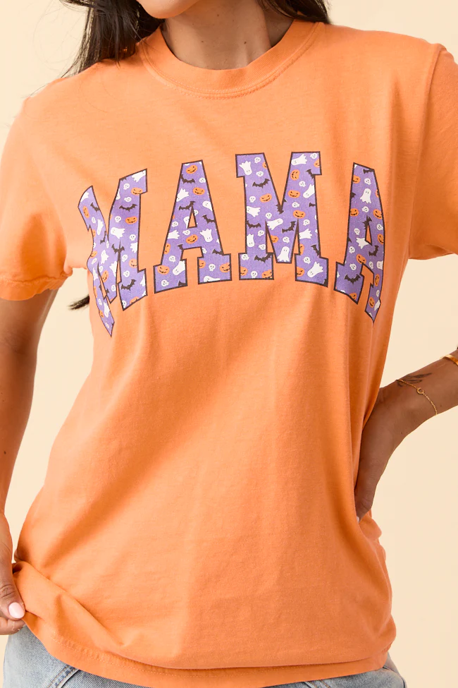 Mama Block Purple Halloween Print Burnt Orange Graphic Tee - Aiturbor