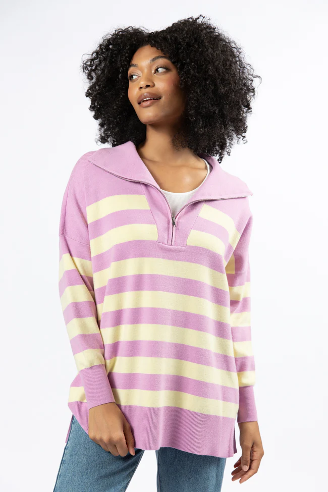 Pulling Heartstrings Purple And Yellow Striped Quarter Zip Pullover FINAL SALE - Aiturbor