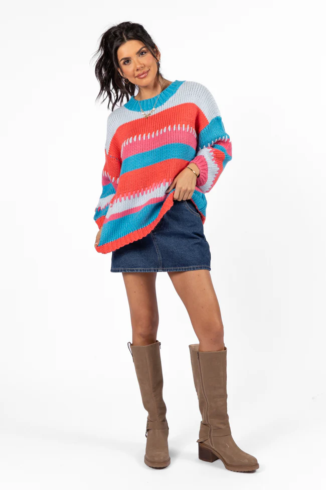 Something Extra Blue Multi Stripe Chunky Knit Stitch Detail Sweater FINAL SALE - Aiturbor