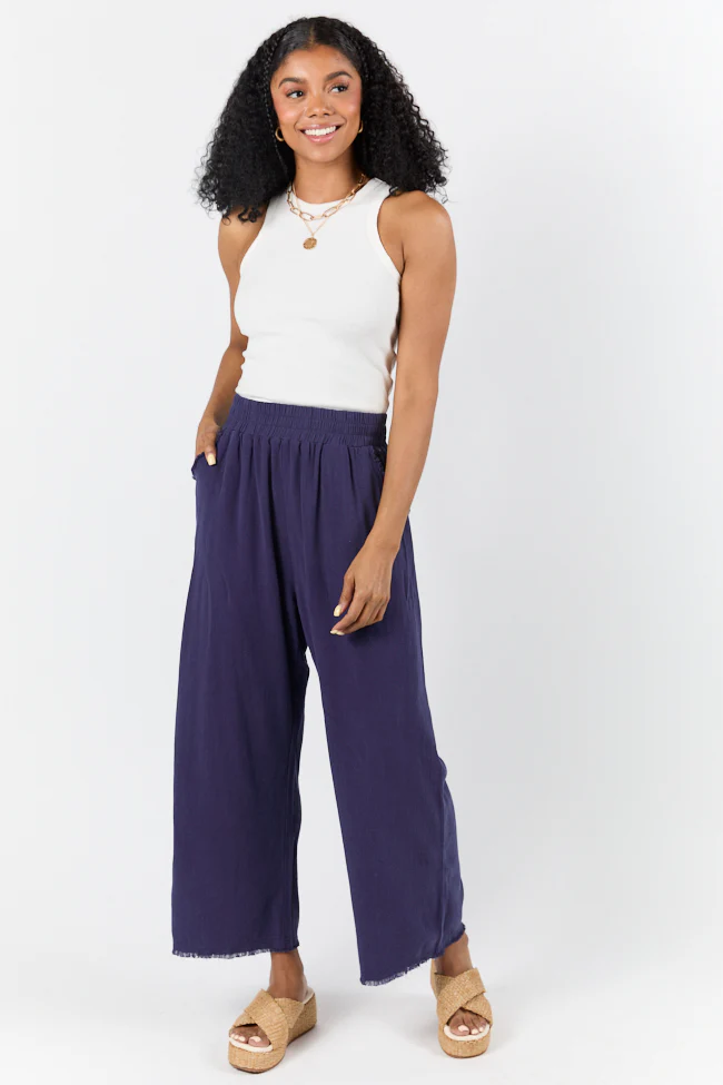 Look Your Best Navy Frayed Detail Ankle Length Pants FINAL SALE - Aiturbor