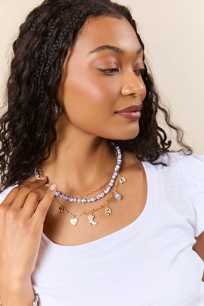 Hanna Blue Beaded Charm Necklace - Aiturbor