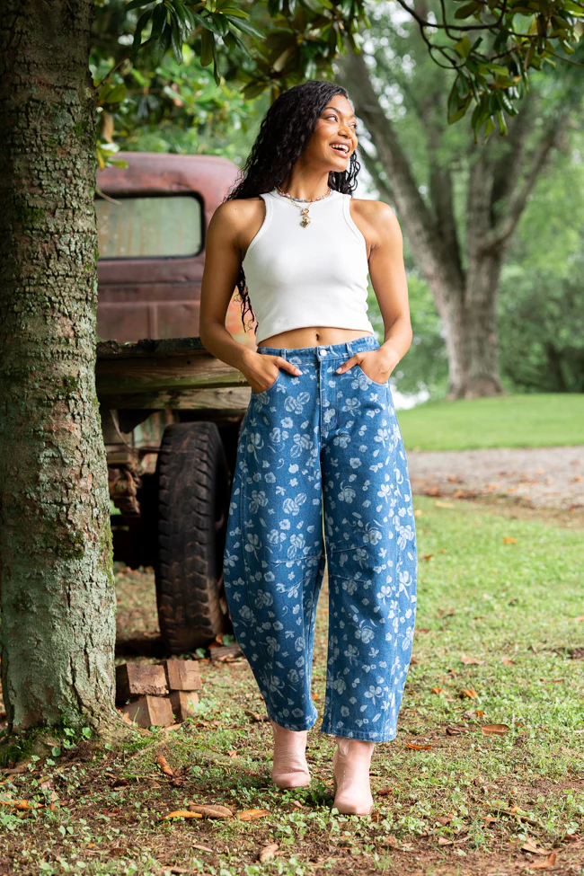 Katie Floral Printed Denim Barrel Jeans - Aiturbor