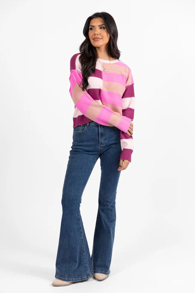 Take Your Time Pink and Berry Multi Color Block Striped Crop Sweater FINAL SALE - Aiturbor
