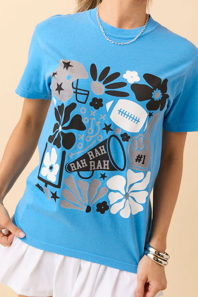 Floral Football Icon Print Blue Graphic Tee - Aiturbor