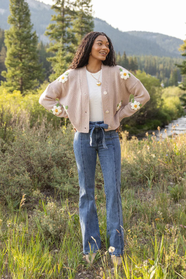 Samantha Long Sleeve Taupe Daisy Cardigan - Aiturbor