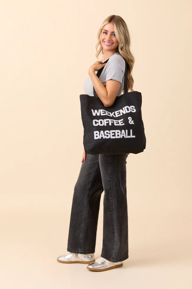 Weekends Coffee and Baseball Washed Black Graphic Tote Bag - Aiturbor