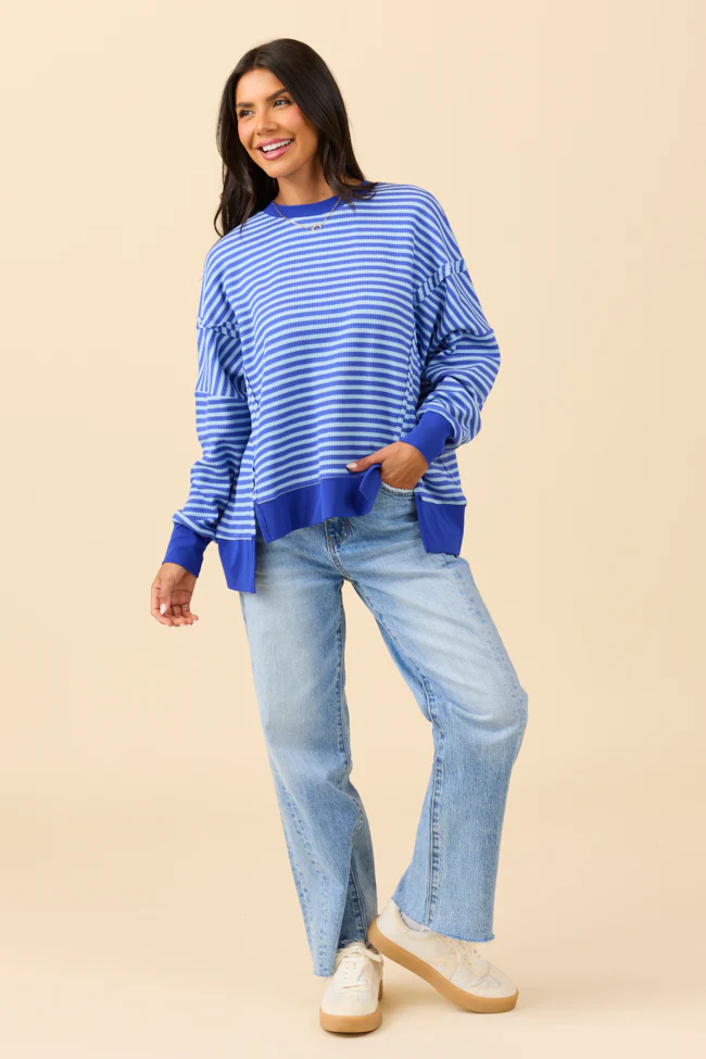 Kara Blue Stripe Waffle Pullover - Aiturbor