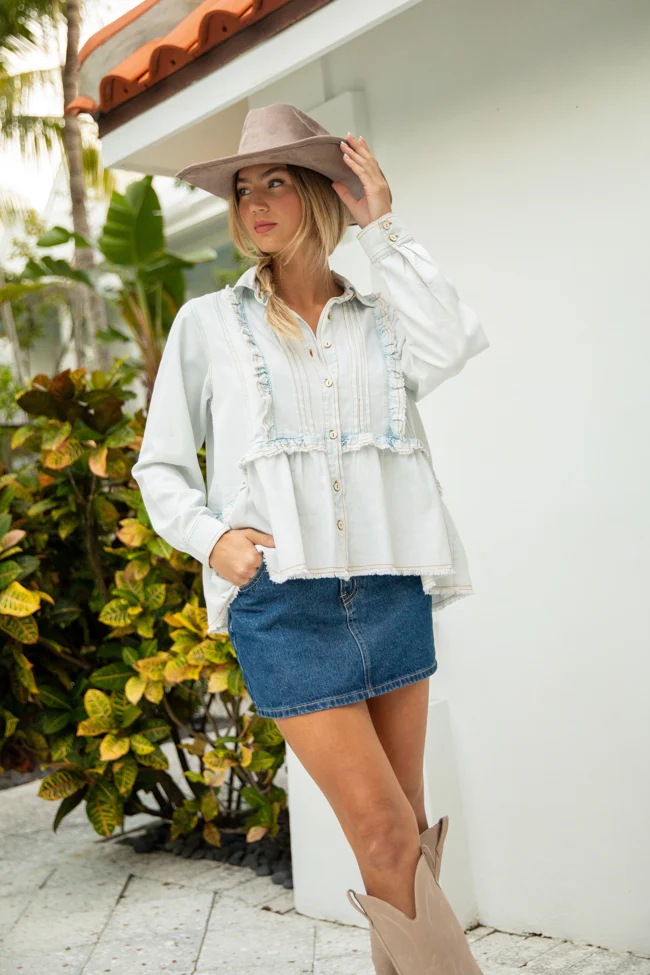Here To Prove Light Wash Ruffle Trim Peplum Chambray Blouse SALE - Aiturbor