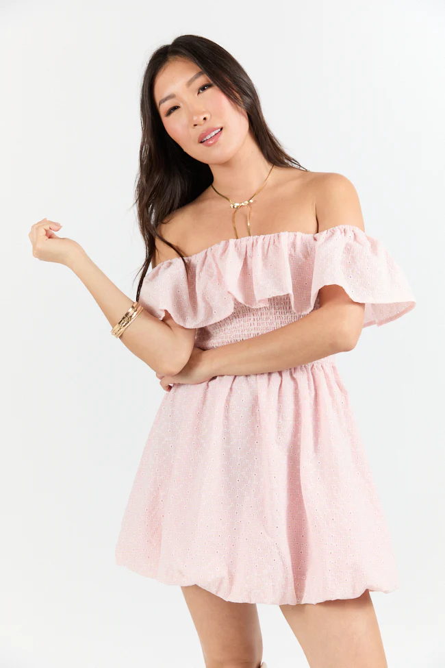 Best Reflection Blush Off The Shoulder Eyelet Gingham Dress FINAL SALE - Aiturbor