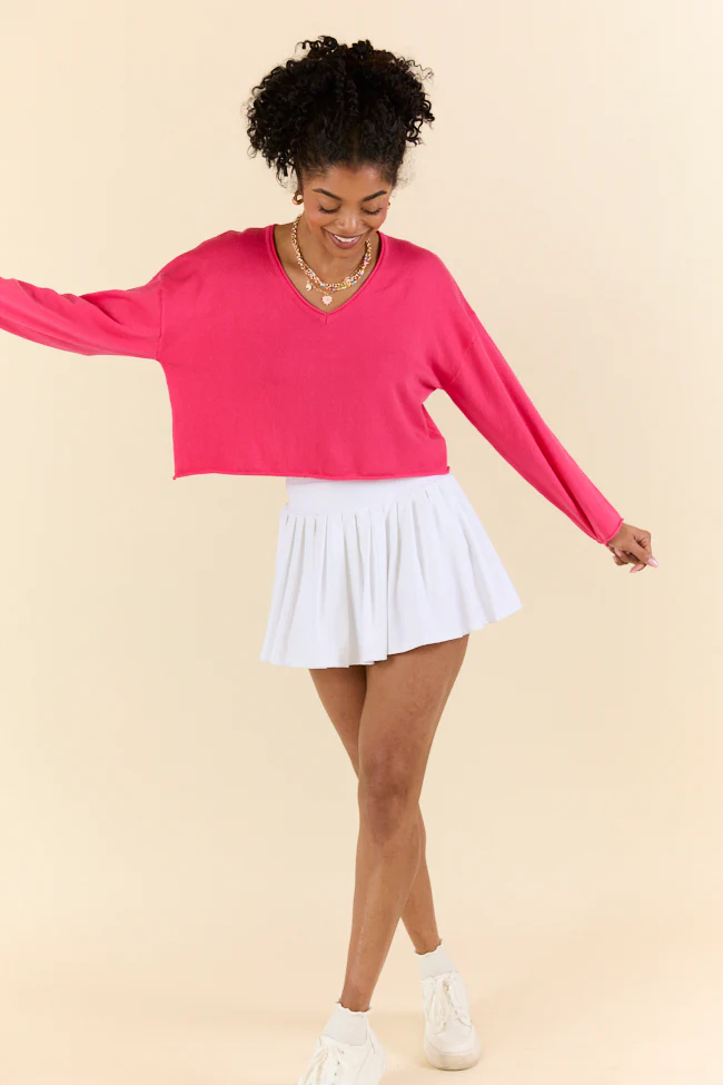 No Bad Days Hot Pink Drop Shoulder V-Neck Pullover SALE - Aiturbor