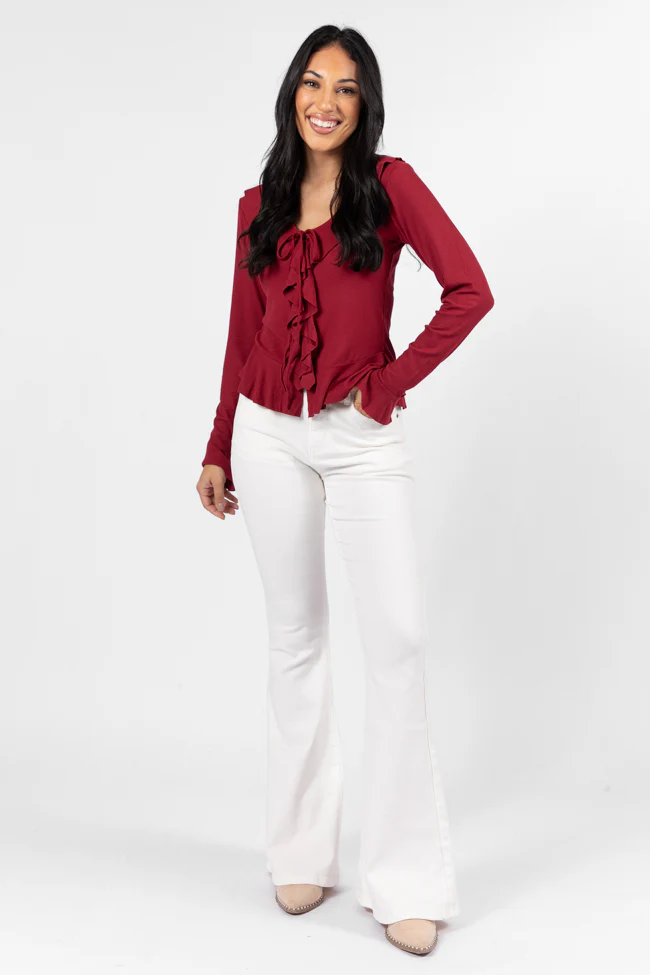Treat You The Same Wine Ruffle Detail Ribbed Blouse FINAL SALE - Aiturbor