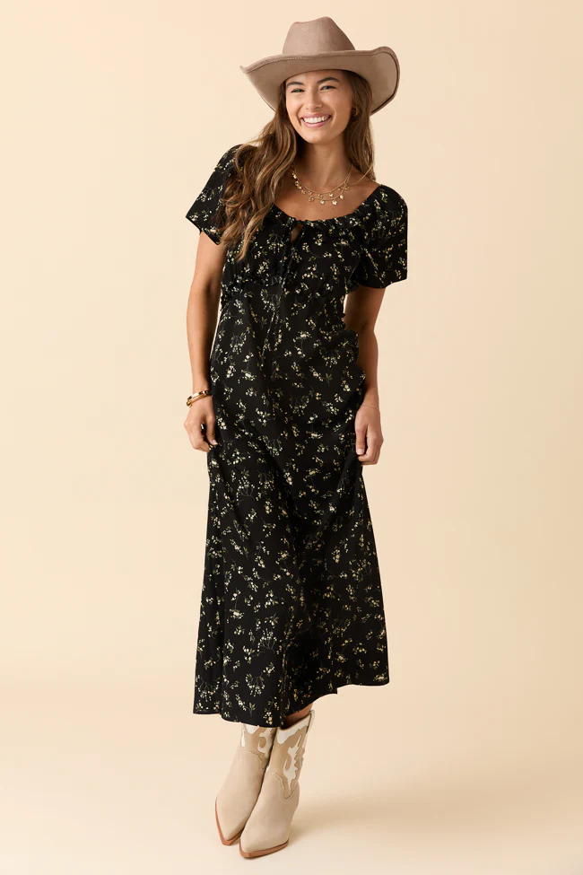 Bethany Black Floral Print Maxi Dress - Aiturbor
