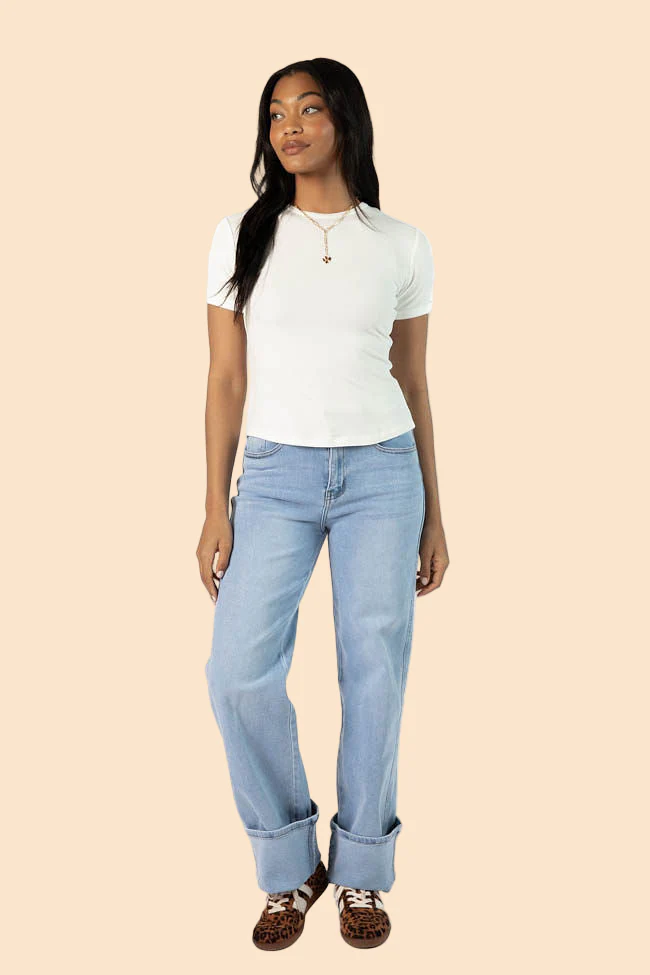 Everyday Essential Ivory Ribbed Crew Neck Tee DOORBUSTER - Aiturbor