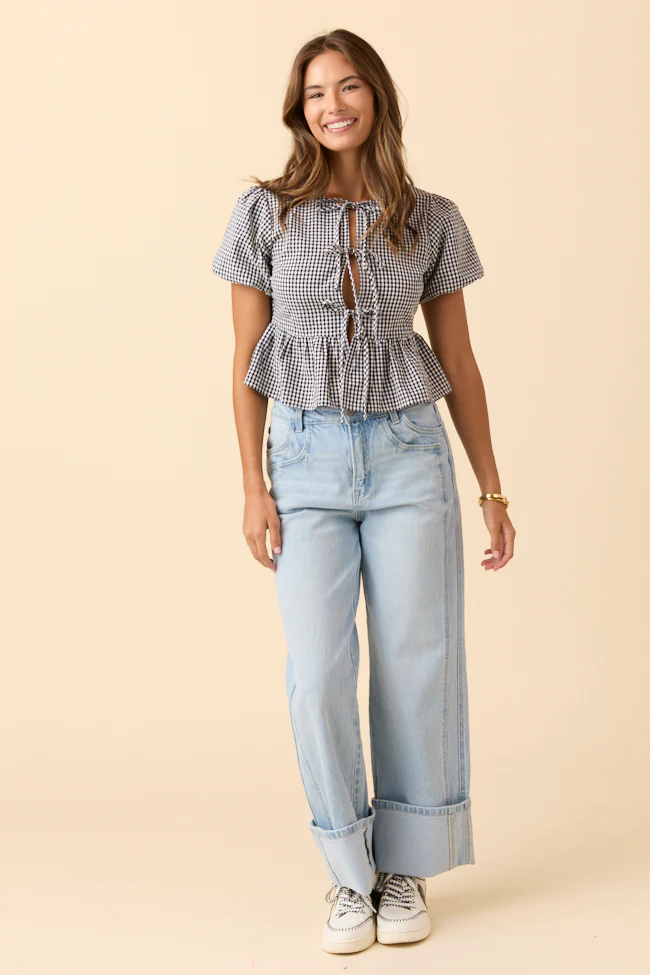 Mila Black Gingham Tie Front Flounce Woven Blouse DOORBUSTER - Aiturbor