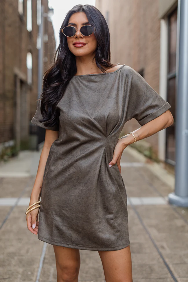 You Deserve It Mushroom Faux Leather Cinched Mini Dress FINAL SALE - Aiturbor