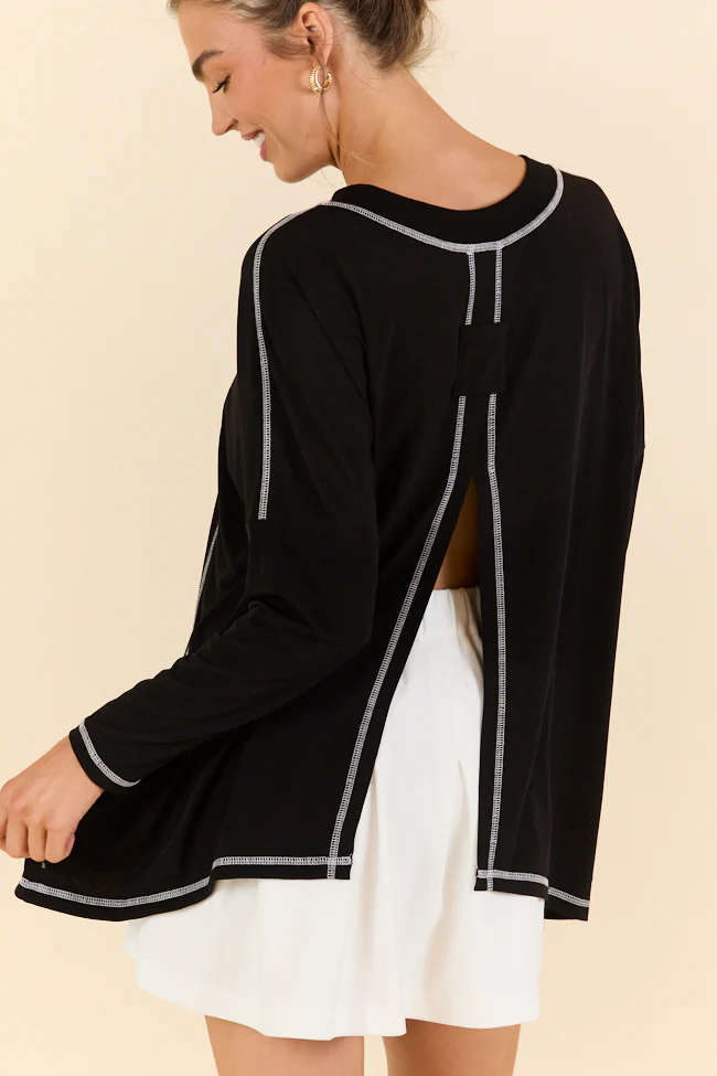 Play On Black Long Sleeve Split Back Top FINAL SALE - Aiturbor