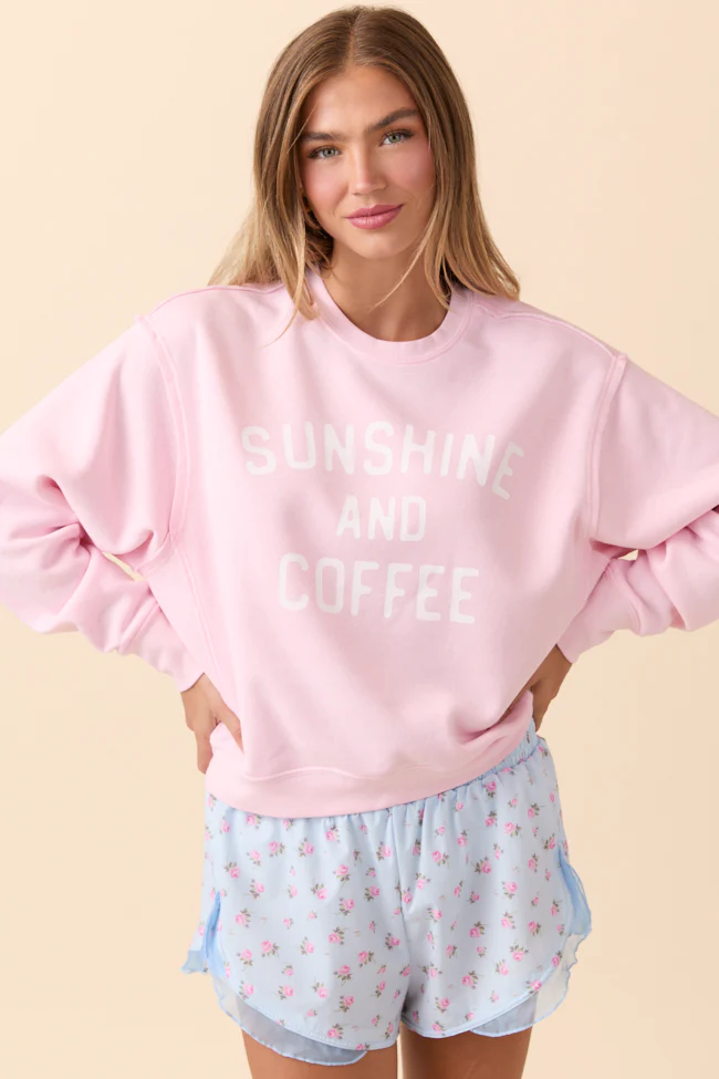 Sunshine and Coffee Soft Pink Raw Hem Fleece Graphic Sweatshirt - Aiturbor