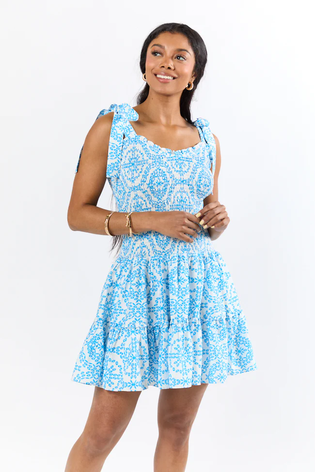Enough For Me Blue and White Smocked Bodice Printed Mini Dress FINAL SALE - Aiturbor