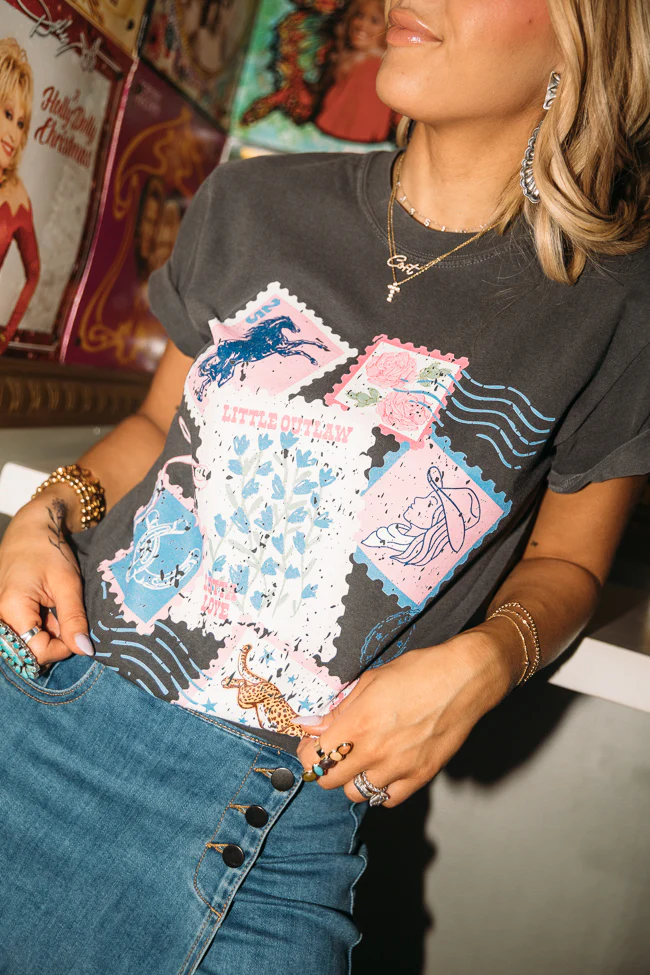 Outlaw Stamp Collection Dark Grey Graphic Tee Just Classically Cassidy X Pink Lily - Aiturbor