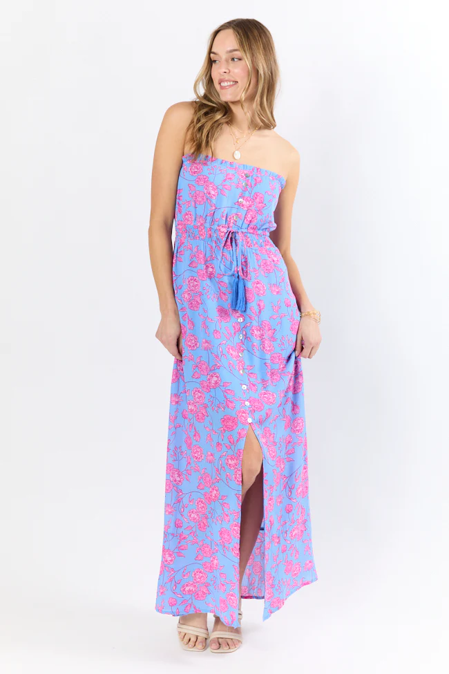 Floral Oasis Blue and Pink Strapless Printed Maxi Dress FINAL SALE - Aiturbor