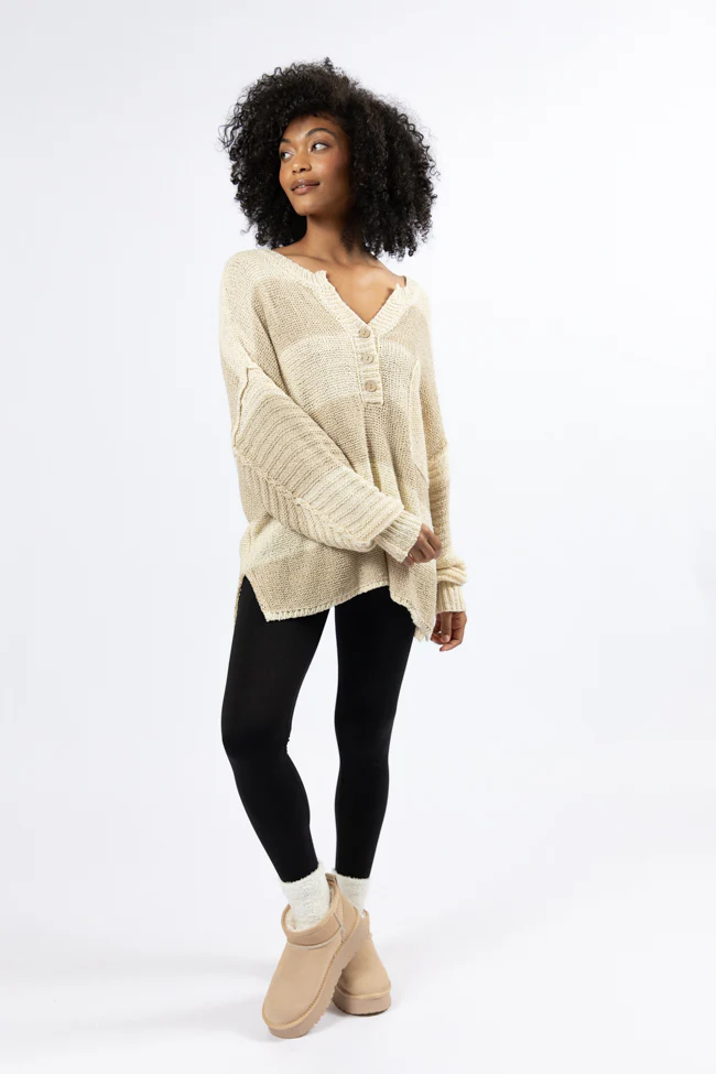 Know You Best Beige Oversized Striped Henley Sweater - Aiturbor