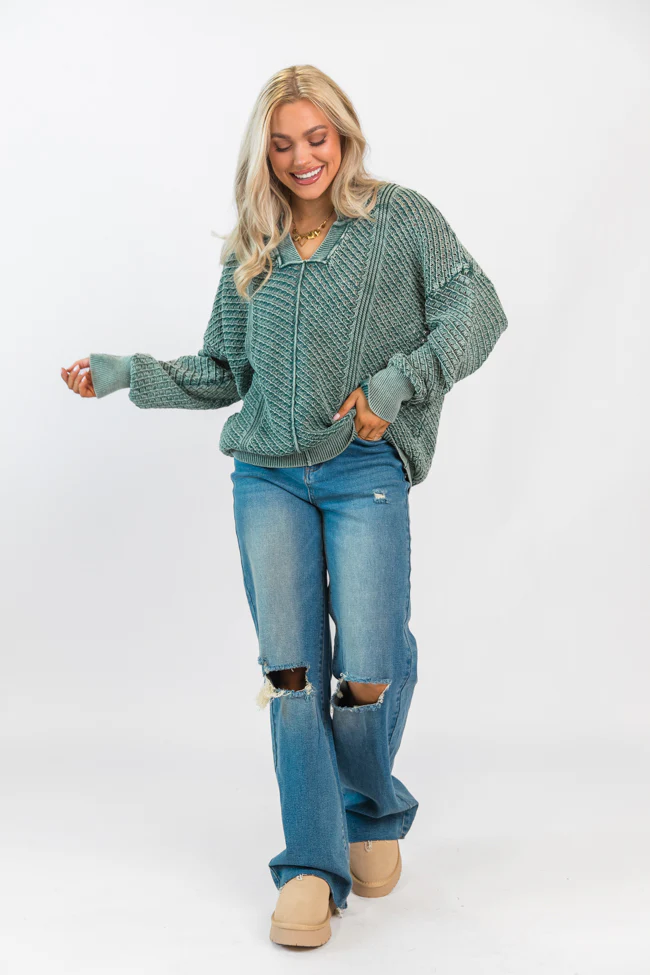 It's Too Easy Olive Acid Wash Sweater FINAL SALE - Aiturbor