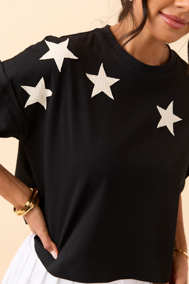 Sally Black Stars Cropped Knit Short Sleeve Top - Aiturbor