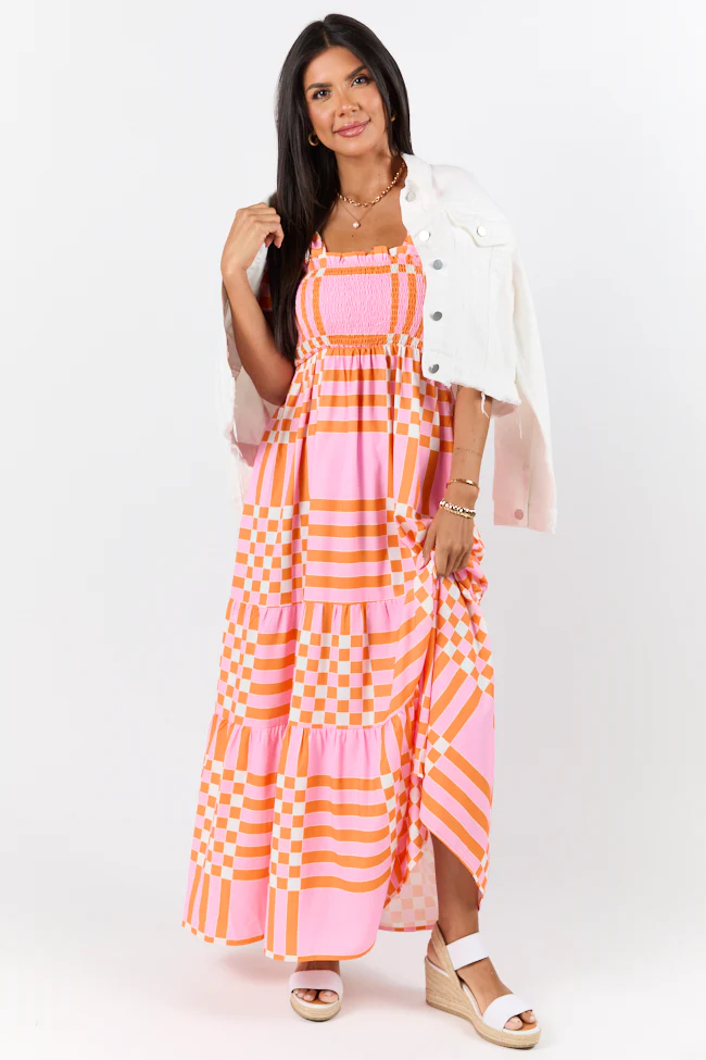 Get The Check Pink and Orange Printed Checkered Maxi Dress - Aiturbor