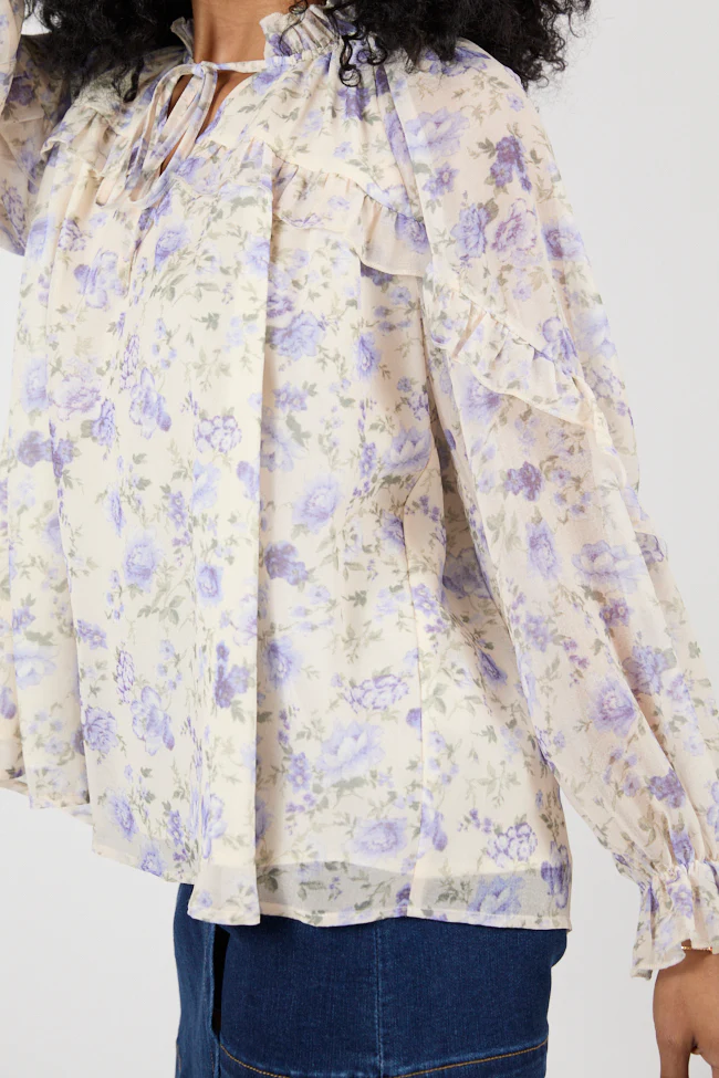 All I Want Purple Multi Oversized Ruffle Detail Popover Floral Blouse FINAL SALE - Aiturbor