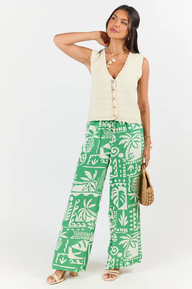 Island Escape Green Printed Pull On Pants - Aiturbor