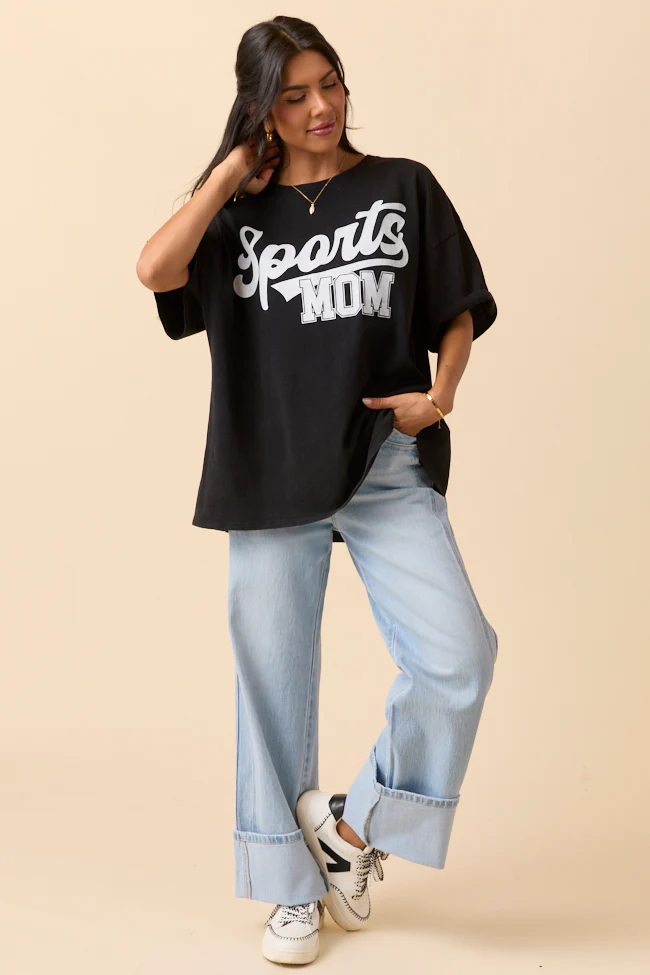 Sports Mom Black Oversized Graphic Tee - Aiturbor