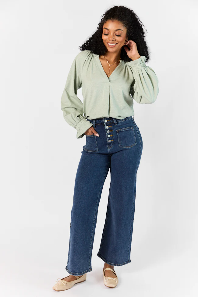 Simply You Sage Knit Notched Neck Long Sleeve Blouse FINAL SALE - Aiturbor