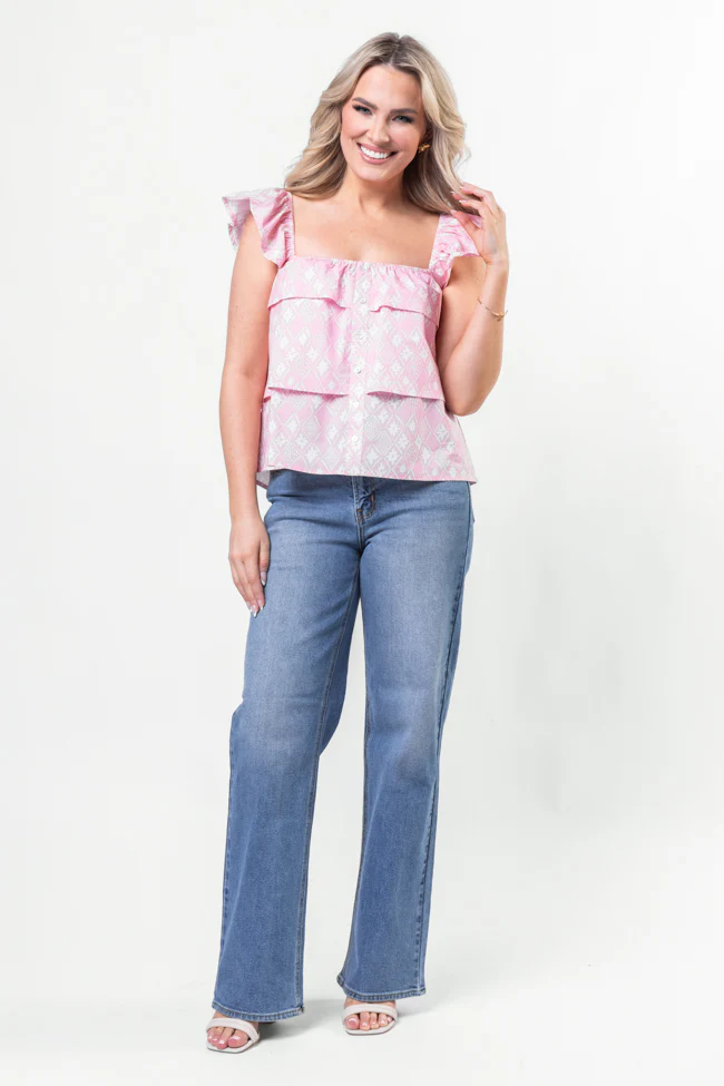 Wonderful Wildflowers Pink Print Button Front Tiered Tank SALE - Aiturbor