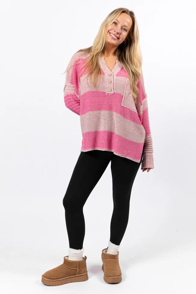 Know You Best Pink Oversized Striped Henley Sweater - Aiturbor