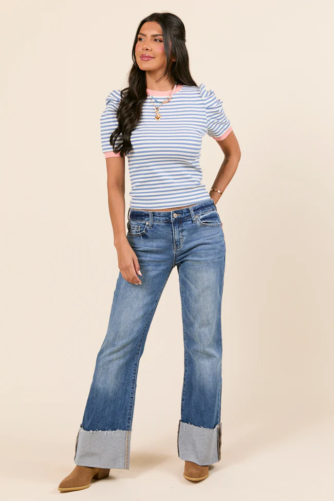 Hagan Gathered Short Sleeve Blue Stripe Knit Tee - Aiturbor