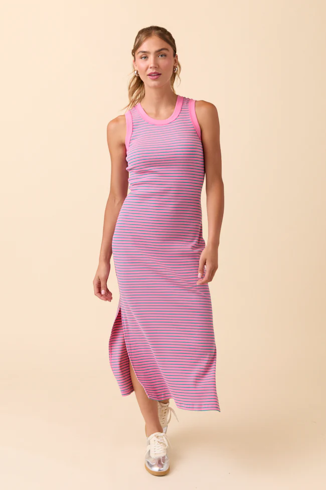 Emmie Lou Pink Striped Ribbed Knit Maxi Dress DOORBUSTER - Aiturbor