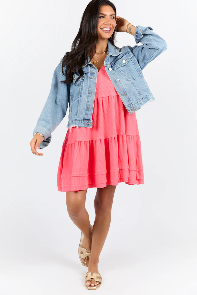 Planning Ahead Coral Waffle Knit Short Sleeve V-neck Dress SALE - Aiturbor