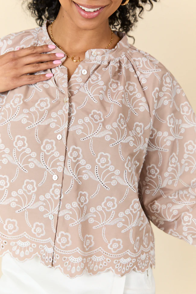 Downtown Delight Tan Embroidered Blouse FINAL SALE - Aiturbor