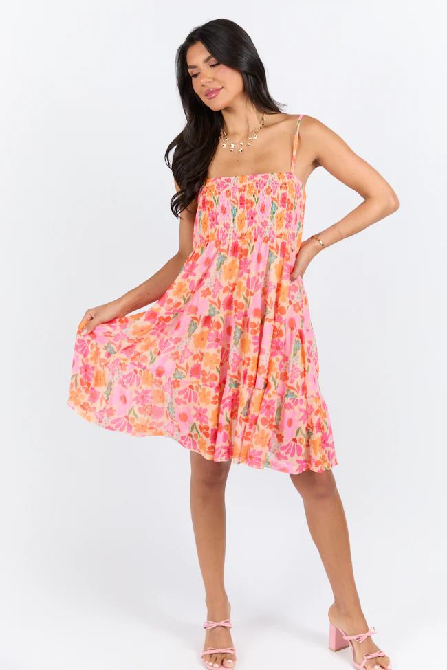 I Know A Place Orange And Pink Floral Smocked Mini Dress FINAL SALE - Aiturbor