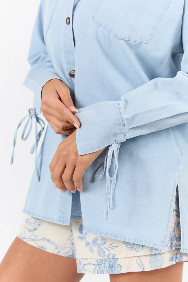 Different Plans Light Wash Chambray Button Down Blouse DOORBUSTER - Aiturbor