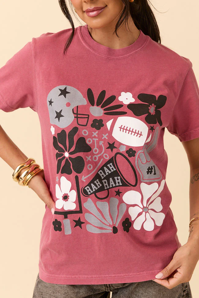 Floral Football Icon Print Crimson Graphic Tee - Aiturbor