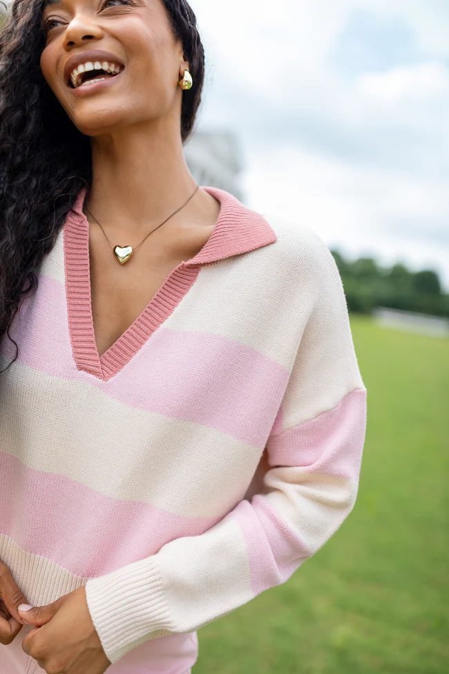 Hibiscus Pink and Cream Striped Collared V-Neck Sweater - Aiturbor