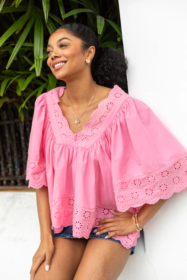 No Regrets Pink Eyelet Detail Popover Short Sleeve Blouse - Aiturbor