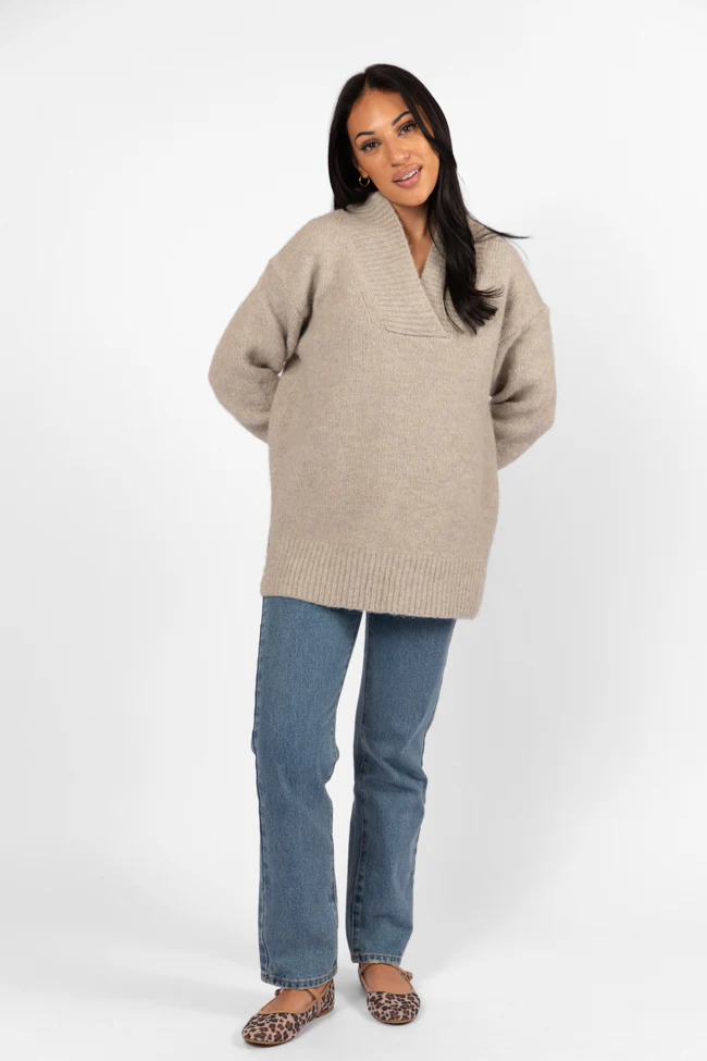 Relax Oatmeal Slouchy V-Neck Sweater FINAL SALE - Aiturbor