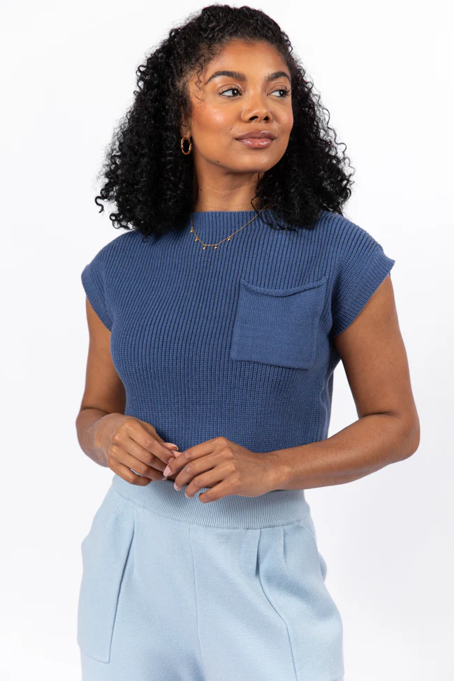 The One I Want Navy Short Sleeve Pocketed Sweater FINAL SALE - Aiturbor