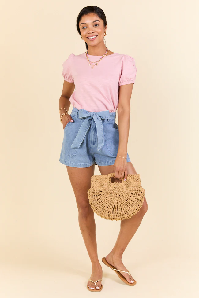Wherever You Are Light Wash Belted Denim Shorts SALE - Aiturbor