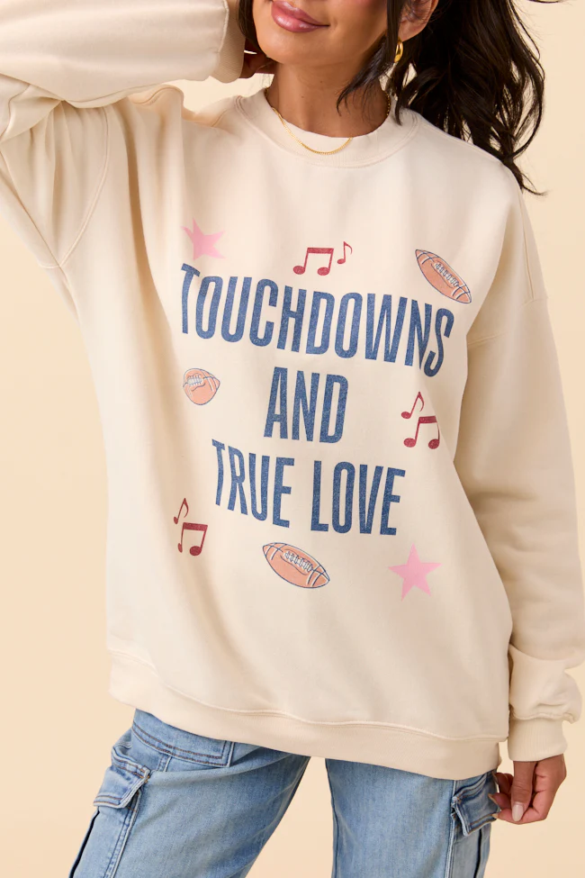 Touch Downs And True Love Cream Graphic Sweatshirt - Aiturbor